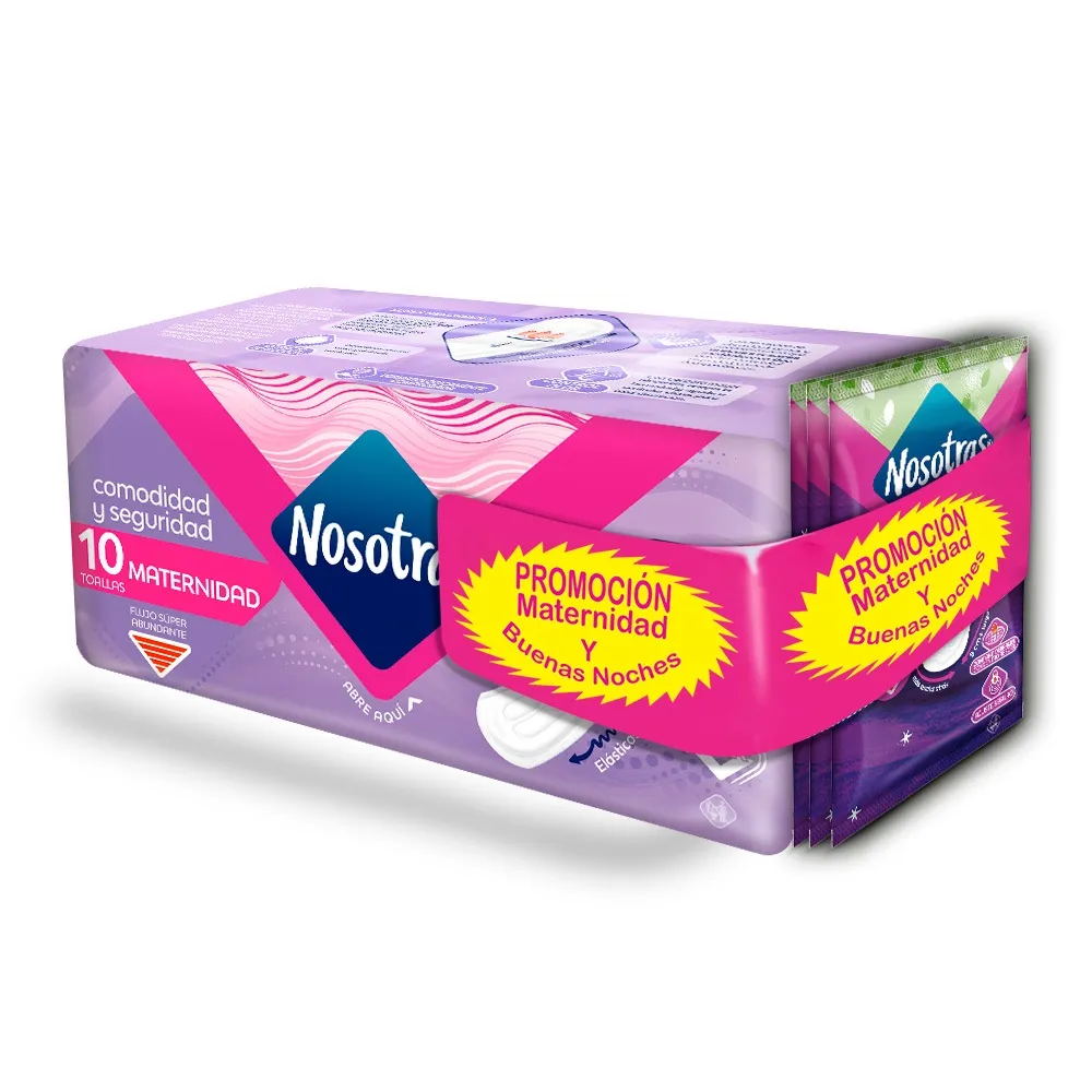 OFERTA TOALLLAS NOSOTRAS COMODIDAD Y SEGURIDAD MATERNIDAD X 10 UND + GRATIS 3 UND BUENAS NOCHES