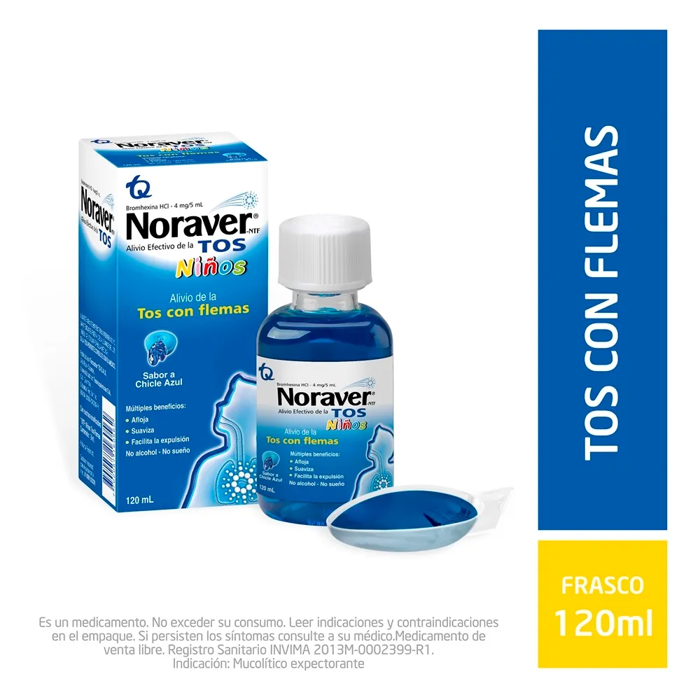 NORAVER JARABE NIÑOS TOS CON FLEMA SABOR CHICLE AZUL FRASCO X 120 ML