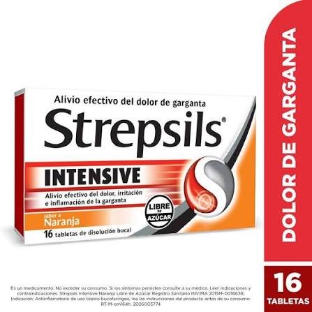 STREPSILS INTENSIVE LIBRE DE AZUCAR SABOR A NARANJA CAJA X 16 TABLETAS