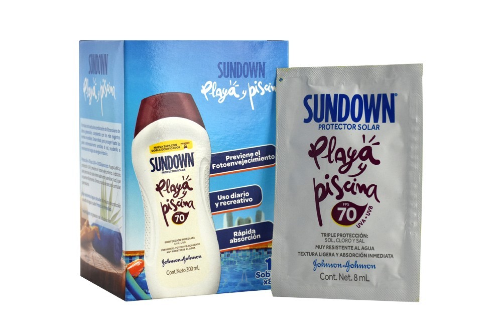 BLOQUEADOR SUNDOWN PLAYA Y PISCINA CAJA X 12  SOBRES X 8 ML
